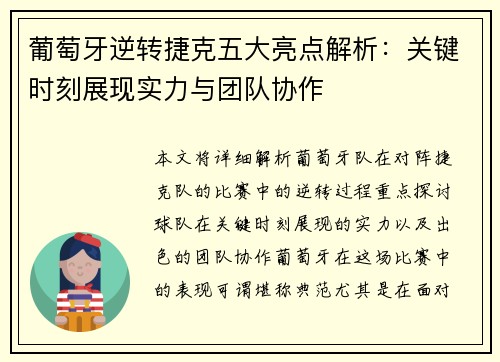 葡萄牙逆转捷克五大亮点解析：关键时刻展现实力与团队协作